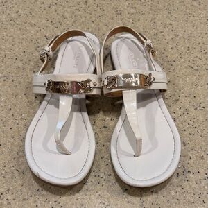Coach off White Patent Leather T-Strap Sandals with Gold Accents